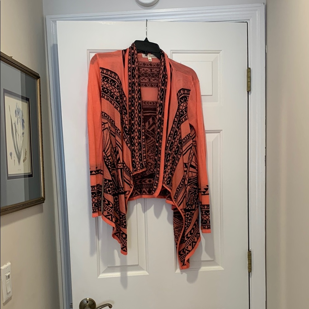 Say What? Orange and Black Cardigan Sweater with Geometric Print